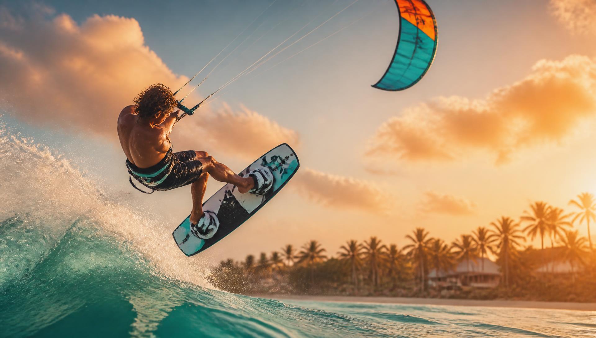 Kitesurfer jumping off a wave at sunset in Diani Beach